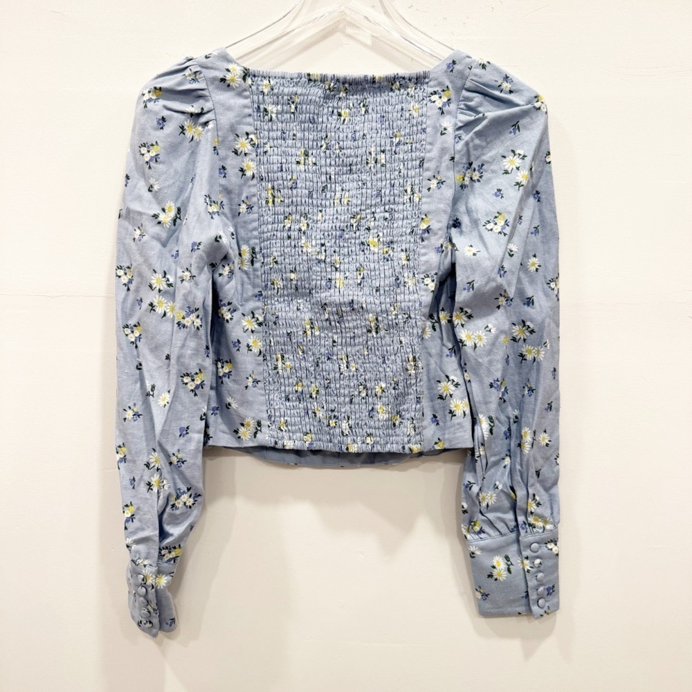 Rachel Zoe Square Neck Long Puff Sleeve Floral Top Linen Blend Smocked Back XS - Picture 2 of 8